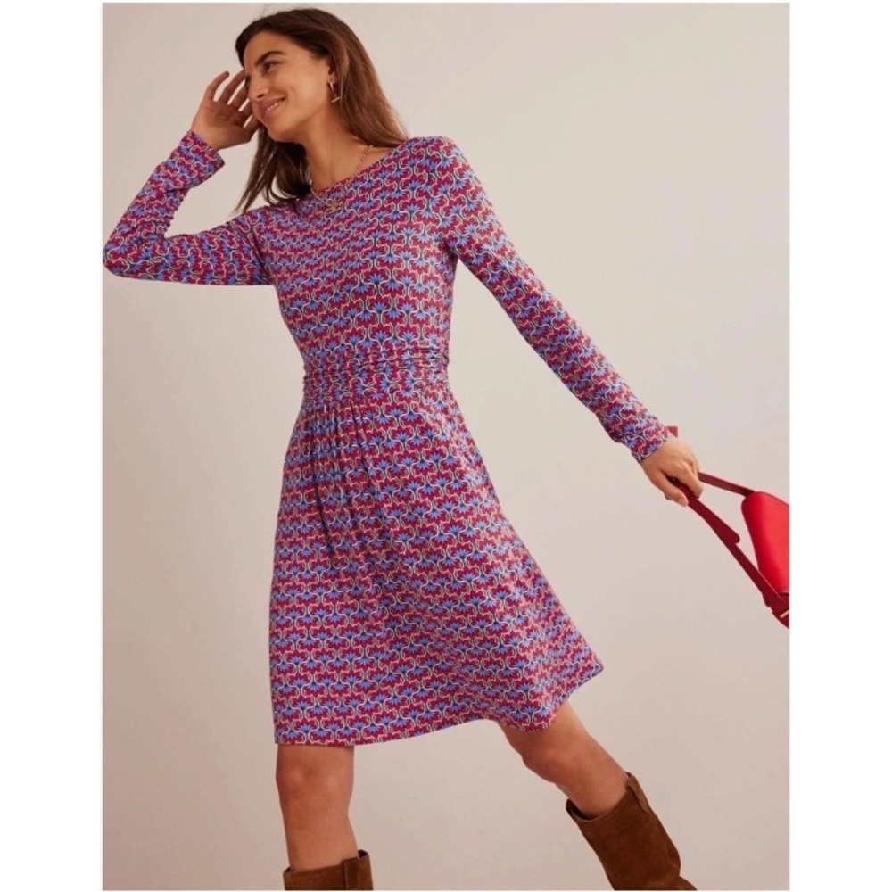 Boden Abigail Long Sleeve Jersey Dress Hot Pepper Geo Petal Print Size 10R
